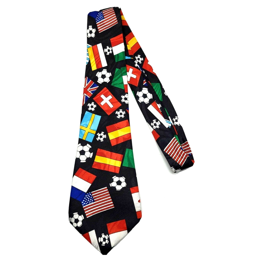 Vtg Soccer Tie International Flags Black Multicolor Handmade 3.75x59" Studio 890